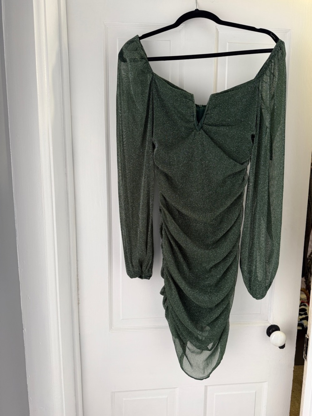 Metallic Dark Green Long Sleeve Ruched Mini Dress